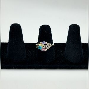 Vintage silver double tulip set multi stone cz diamond ring